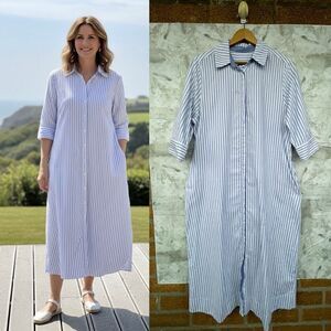 Perlavera XL Blue Stripe Cotton Midi Shirt Dress - Quiet Luxury Aesthetic